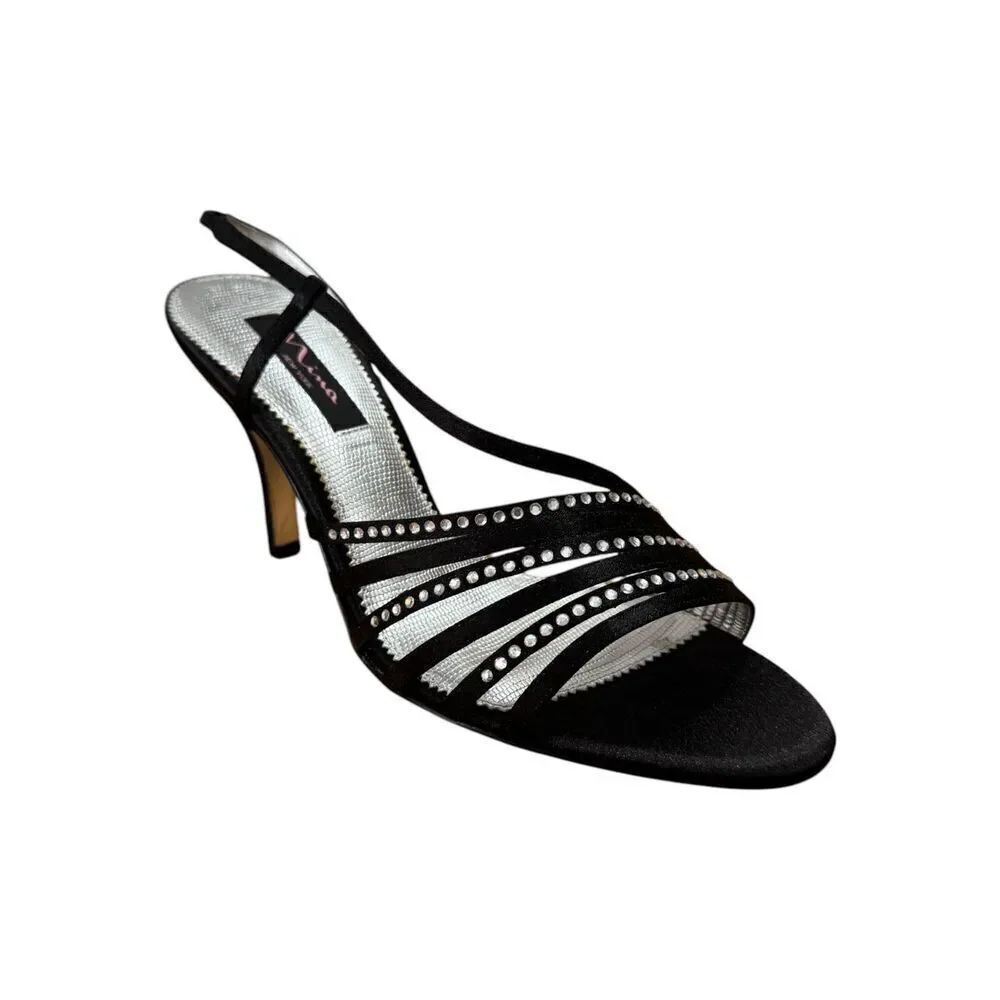 Nina Black Satin Strappy Rhinestone High Heel Open Toe Pumps Women Size 10M